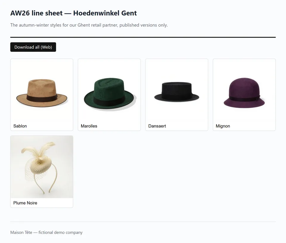 A guest line sheet for a retail partner showing five hats, published versions only, with a Download all button.