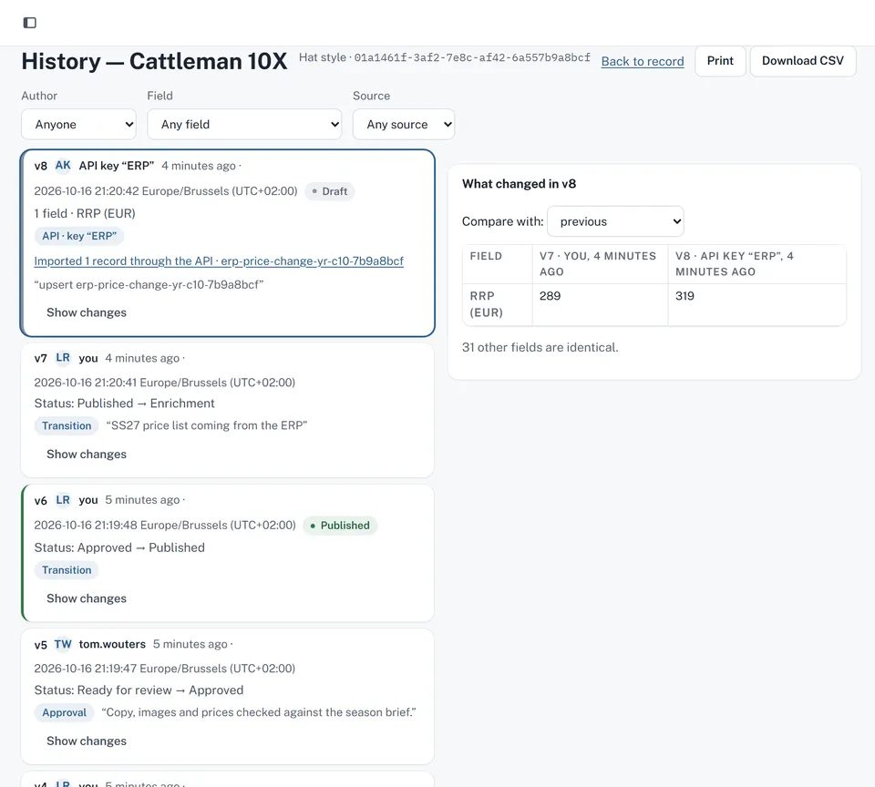 The history of one product: eight versions listed with author, timestamp, status change and source, and a side panel comparing the price in version 7 and version 8.