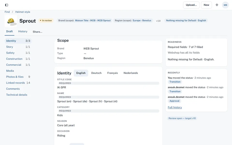 A product record: identity fields in English, German, French and Dutch, a readiness panel showing seven of seven required fields filled, and recent status changes.